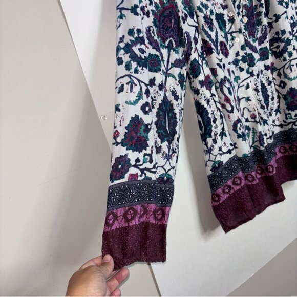Lucky Brand Women's Large Floral Blouse Tunic Top Peasant Boho Long Sleeve Tie - Picture 8 of 10